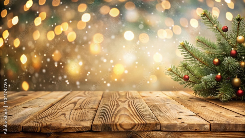 Poster rustic wooden tabletop with festive evergreen branch and sparkling lights in the background