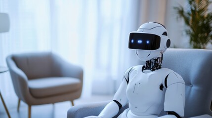 A robotic therapist providing counseling in a virtual reality therapy session, calming and therapeutic setting with VR headsets and serene surroundings, Therapeutic Robotics style