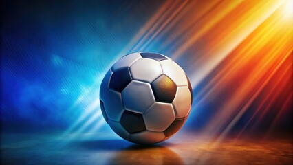 Fototapeta premium A classic leather soccer ball in the spotlight, bathed in warm and cool hues, ready for the next play.