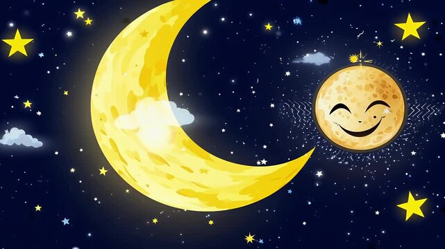An enchanting cartoon background captures essence astrology magic smooth 4K animation featuring crescent moon face sun starry black sky mystic horoscope zodiac esoteric universe alchemy blue star