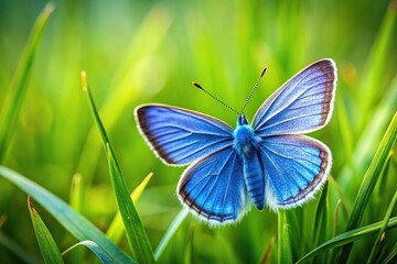 Blue butterfly on green grass with shallow depth of field image