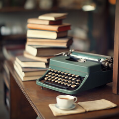 Vintage typewriter on a desk with books and stationery