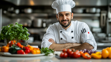 Professional chef in a restaurant kitchen.