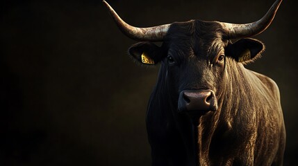 Fototapeta premium Bold Bull Posed Against a Stunning Dark Backdrop Scene Picture