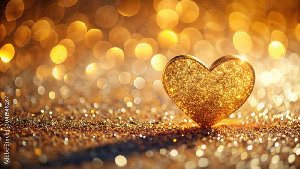 Poster A glittering golden heart resting on a bed of shimmering sparkles, illuminated by a backdrop of soft, out-of-focus lights.