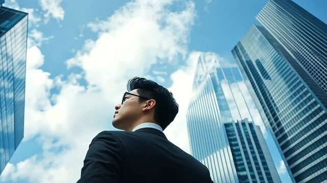 A cinematic moment captures a Chinese businessman standing confidently, skyscrapers reflecting the sky as he gazes ahead with determination, ready to conquer the future