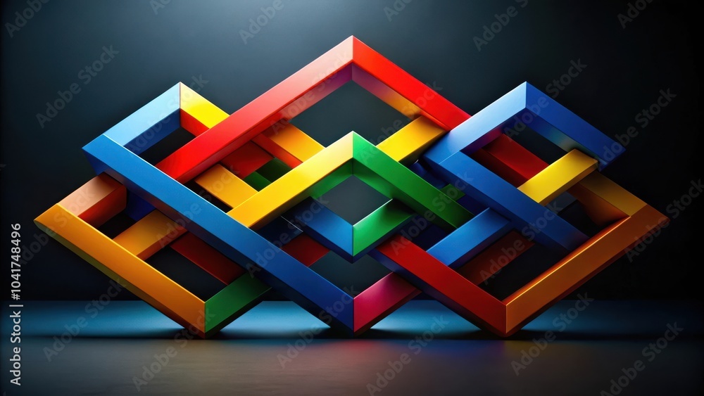 Aufkleber an abstract interlocking structure of vibrant colored frames forming a geometric pattern on a dark b