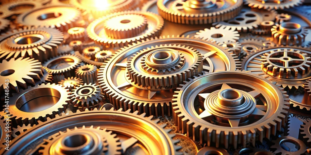 Aufkleber A close-up of a system of intricate metallic gears, showcasing the complex interplay of mechanical components and their synchronized motion.