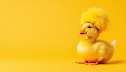 A cute, whimsical yellow duckling with a fluffy headpiece, set against a vibrant yellow background, radiating joy and playfulness.