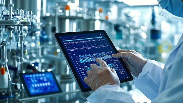 A close-up of a technician&rsquo;s hands adjusting sensors and valves on a bioreactor vessel, with live biotech monitoring data on a tablet screen beside the equipment_