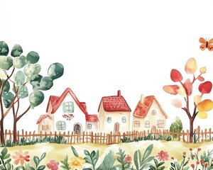 Charming Watercolor Village Border for Childcare Center Design with Summer Garden and Cute Farmhouse
