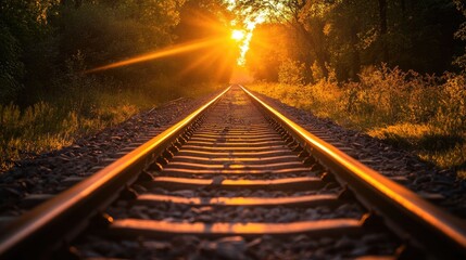 Naklejka premium Tranquil Sunset Over Train Tracks in Nature