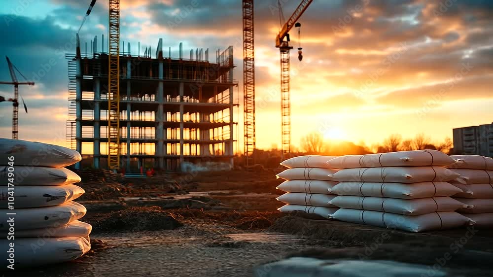 Poster a construction site at dawn, with the first light illuminating a tidy stack of white cement bags, re