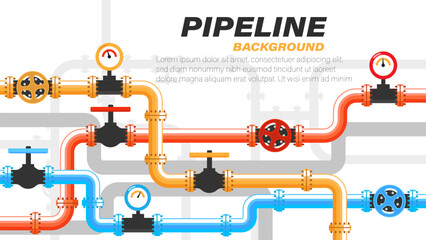 Yellow,Red,BluePipelline background .Industrial background with pipeline. Oil, water or gas pipeline with fittings and valves	