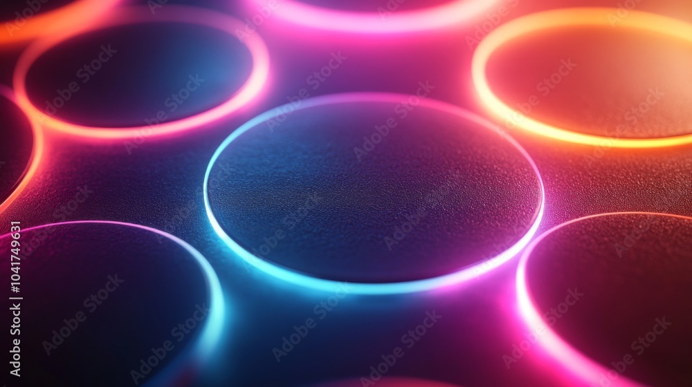 Poster bright, circular lights emit vibrant colors against a dark backdrop, forming an abstract pattern tha