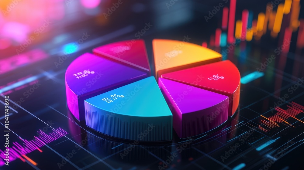 Poster colorful pie chart with digital background for data analysis