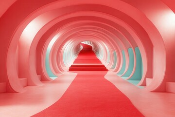 Obraz premium A captivating corridor stretches ahead, featuring soft curves and vibrant red and pink tones. The design leads to a set of stairs, inviting exploration into the brightly colored captivating space.