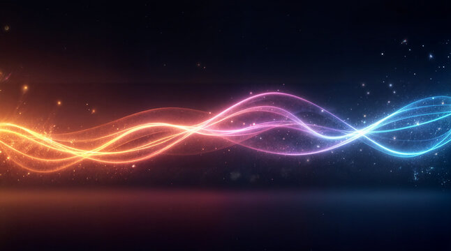 Daten Hintergrund mit Wellen und Linien umgeben von gl&uuml;henden Partikeln auf schwarzen Hintergrund
