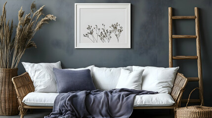 Cozy Living Room Design with Wicker Sofa and Dried Flowers