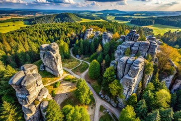 Aerial View of Stolowe Mountains National Park Hiking Trail in Szczeliniec Wielki, Lower Silesia, Poland