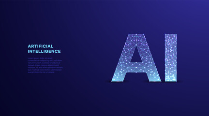 Glowing light blue neon Artificial Intelligence icon, symbol chip with contact line illustration on dark background.