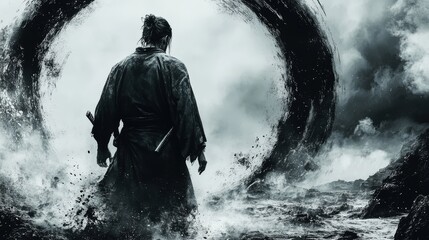 Obraz premium Samurai figure walking away from a black swirling portal above raging waves and rocky cliffs .
