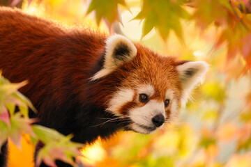 red panda and red leaves