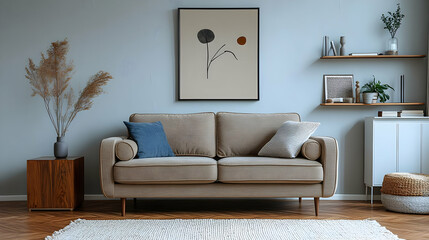 Modern Living Room Decor with Beige Sofa and  Wooden Side Table