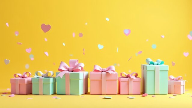 On a yellow background there are gift boxes, confetti flies nearby