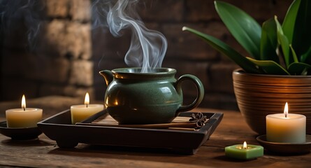 Green teapot with steam rising, set on a wooden tray surrounded by lit candles and a potted plant, creating a calm and soothing atmosphere