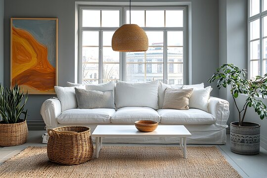 Minimalist, contemporary Scandinavian interiors in the living room with windows, art frames hanging on the walls, and sofas. Generative AI
