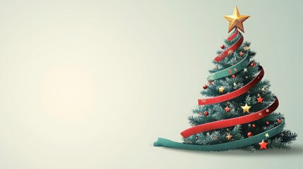 Colorful Abstract Christmas Tree With Falling Stars. A vintage-style green Christmas tree made of ribbons with colorful stars, reminiscent of old-fashioned holiday decorations. Christmas greeting card