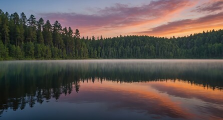 Beautiful sunrise over a tranquil lake with tents set up near the water's edge, reflecting the surrounding forest and colorful sky in the calm water