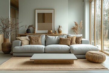 Fototapeta premium Minimalist, modern Scandinavian interiors in the living room with light mint-finished walls and sofas. Generative AI 