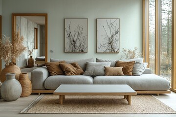 Obraz premium Minimalist, modern Scandinavian interiors in the living room with light mint-finished walls and sofas. Generative AI 