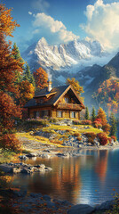 Fototapeta premium cabin next to a lake in the forest 