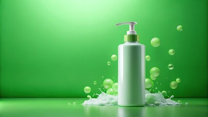 bottle of shampoo on green background with clean foam mockup