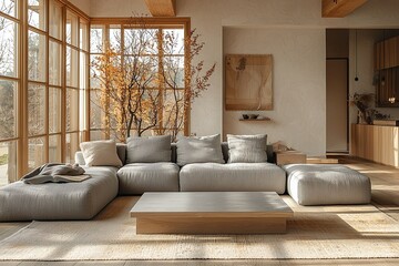 Fototapeta premium A modern Scandinavian interior in a living room with minimalist, windows and sofas, and interior accessories. Generative AI 