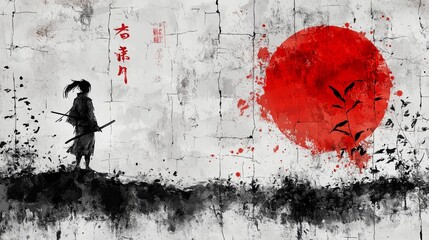 Samurai silhouette standing against a cracked wall with a red sun in the background  and black brush strokes. . © Digital Dreamscapes