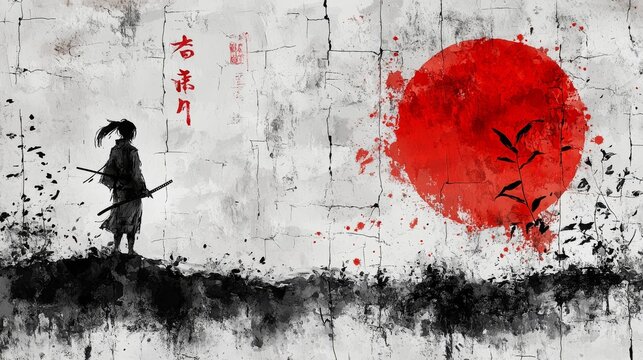 Samurai silhouette standing against a cracked wall with a red sun in the background  and black brush strokes. .