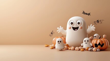 Cartoonish Boo with playful ghosts and candy, bright Halloween scene