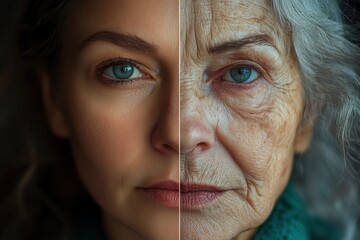 Two women face each other, one representing youth with smooth skin and bright eyes, the other depicting age with wrinkles and silver hair, emphasizing the stark differences and beauty in both life sta