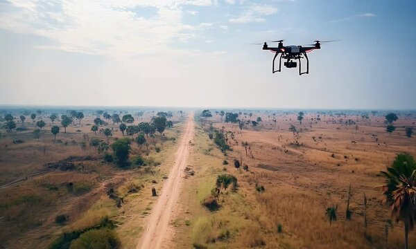 A drone hovers over a vast, dry landscape with sparse trees and a dirt road.