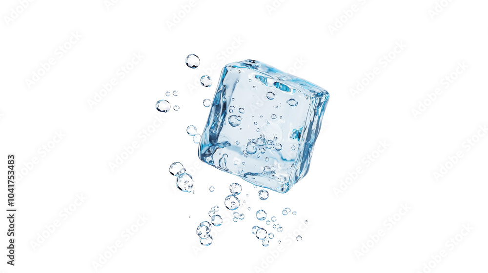 Poster a clear ice cube floats in dark water, surrounded by small bubbles, creating a striking visual effec