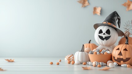 Halloween Boo with candy spilling out, pumpkins and witches hats
