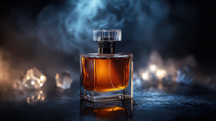 Professional product photography of artisanal perfumes | Composed on smoky glass surface, dramatic spotlighting 