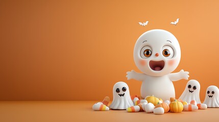 Obraz premium Playful Boo with candy corn and ghosts, bright orange Halloween background