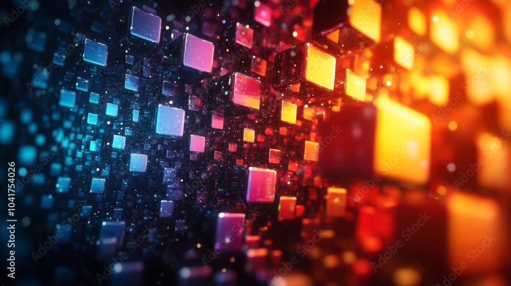 Poster A multitude of colorful cubes float in a digital space, illuminated in shades of blue, purple, orange, and red, creating a captivating abstract effect.