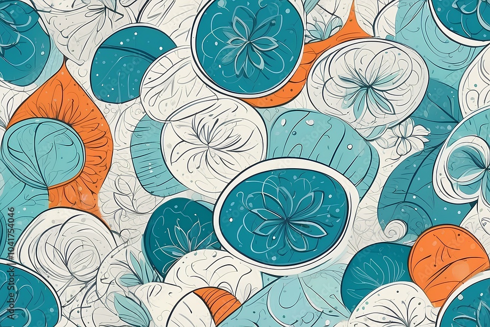 Poster intricate abstract design with circular and floral patterns in teal, orange, and gray for a textured