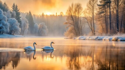 Naklejka premium Tranquil Frozen Lake with Majestic Swans on Ice Surrounded by Misty Winter Landscape and Serenity